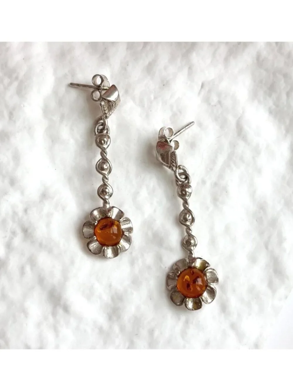 Baltic Amber Sunflower Shaped Spiral Vintage Sterling Silver 925 Dangle Earrings